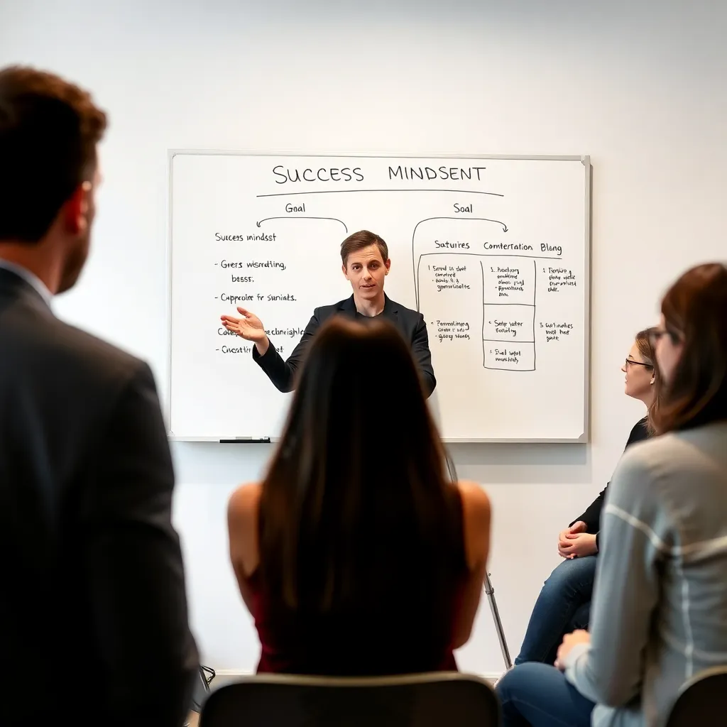 Facilitátor vysvetľuje koncept úspešného myslenia na workshope